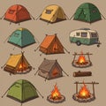 A collection of illustrated camping essentials on a beige background, featuring Royalty Free Stock Photo