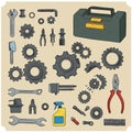 A collection of illustrated mechanical and hand tools on a plain background. Includes Royalty Free Stock Photo