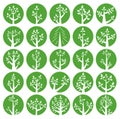 Collection of illustrations of trees. White trees in green circles. Wood for every taste. Abstraction of trees with leaves