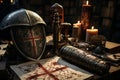 A collection of images showcasing authentic artifacts from the Knights Templar era, such as swords, armor, and ancient manuscripts