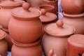 Collection of images with unglazed handmade pottery pot made of red clay. Teracota vase. Pottery basics. Sale in Pune, India, Royalty Free Stock Photo