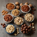 Collection includes almonds, pecans, walnuts, pistachios, macadamia nuts, Royalty Free Stock Photo