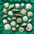 Collection includes scallop shells (Pectinidae), conical gastropod Royalty Free Stock Photo