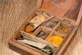 Collection of Indian spices in wooden box Royalty Free Stock Photo