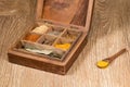 Collection of Indian spices in wooden box Royalty Free Stock Photo