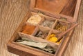 Collection of Indian spices in wooden box Royalty Free Stock Photo