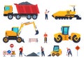 Collection industrial workers with machines road construction vector flat illustration Royalty Free Stock Photo