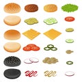 Collection of ingredients for burger, vegetables, cutlet, cheese, sauce and bun.