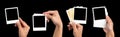 Collection of instant photo frame in hand holding isolated on bl Royalty Free Stock Photo