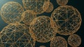 Golden wireframe spheres abstract geometric background with dark teal backdrop Royalty Free Stock Photo