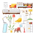 Collection interior design decorative elements illumination furniture isometric icon vector Royalty Free Stock Photo