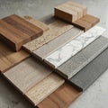 Collection of interior material samples arranged on concrete surface. Diverse textures, finishes showcase wood tile marble stone Royalty Free Stock Photo