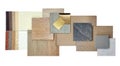 collection of interior materials sample contains gold stainless, stone ceramic floor tiles, wooden tiles, copper brass laminated,