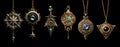 Collection of intricately decorated magic amulets isolated on black background. Generative AI illustrations