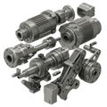 A collection of intricately designed mechanical components resembling gearboxes Royalty Free Stock Photo