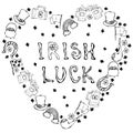Collection of Irish symbols. Irish Luck Lettering. Heart Shape Background. Leprechauns Hat, Horseshoe, Pot of gold, Flag, Beer Mug