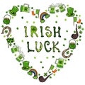 Collection of Irish symbols. Irish Luck Lettering. Heart Shape Background. Leprechauns Hat, Horseshoe, Pot of gold, Flag, Beer Mug