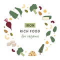 Collection of iron rich food sources for vegans. Beets, tempeh, kale, quinoa, broccoli, tofu, legume, nut. Dietetic