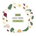 Collection of iron rich food sources for vegetarians. Beets, tempeh, kale, quinoa, broccoli, tofu, legume, nut. Dietetic