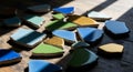 Colorful Broken Ceramic Shards on Wooden Surface with Sunlight Streaks Royalty Free Stock Photo