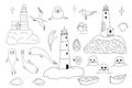 Collection of isolated black outline doodle with lighthouses, seagulls, seals, boats with oars, reeds and shells. Set of cute hand