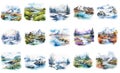 Collection of isolated clipart illustrations of summer and winter landscapes with mountains, lakes and rivers. Set of watercolor