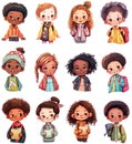 Collection of isolated cute cartoon kids, children avatars web icons, multiethnic characters boys and girls Royalty Free Stock Photo