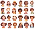 Collection of isolated cute cartoon kids with different emotion faces, happy little children avatars, multiethnic characters boys Royalty Free Stock Photo