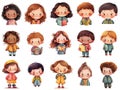 Collection of isolated portraits of cute cartoon little kids, happy preschoolers, children avatars, multiethnic characters boys