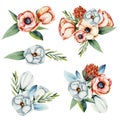 Collection of isolated watercolor bouquets of white and coral anemone and protea flowers