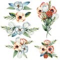 Collection of isolated watercolor bouquets of white and coral anemone and protea flowers