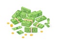 Collection of isometric cash money or currency. Set of Dollar bills or banknotes in packs, rolls and bundles and cent