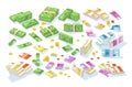 Collection of isometric cash money. Set of various currencies - dollar, euro, ruble bills or banknotes in rolls and