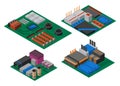 Collection of isometric circuit boards with electronic components. Computer chips technology processor circuit and