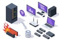 Isometric illustration of computer hardware and networking equipment with a burning server rack Royalty Free Stock Photo