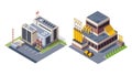 Collection of isometric factories. Concept of industrial working plants with chimney tower or pipes. Industrial buldings