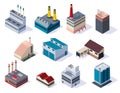 Collection of isometric factories. Concept of industrial working plants with chimney tower or pipes. Industrial buldings