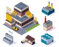 Collection of isometric factories. Concept of industrial working plants with chimney tower or pipes. Industrial buldings