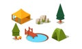 Vector set of isometric forest camping elements. Tents, trees, stones and lake with wooden pier. Objects for landscape