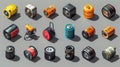 A collection of 20 isometric illustrations of various battery types, including AA, AAA, and cylindrical batteries. The batteries Royalty Free Stock Photo