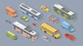 Collection of isometric motor vehicles on gray background - car, scooter, bus, tram, trolleybus, minivan