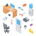 Collection isometric office elements furniture, electronic, stationery vector illustration