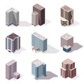 Collection isometric offices or business center icons. Town apartment building city map creation. Architectural vector Royalty Free Stock Photo