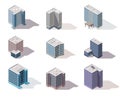 Collection isometric offices. Town apartment building city map creation with street and cars. Architectural vector 3d Royalty Free Stock Photo
