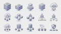 Collection of isometric representing data servers cloud computing network structures and security shields on a light Royalty Free Stock Photo