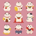 Collection Japanese lucky cat vector flat illustration. Set of funny feline characters maneki neko