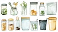 A collection of jars and containers, including a few with lids Royalty Free Stock Photo