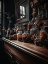 Collection of jars with grains and spices standing on a wooden old table with shelves. AI generated