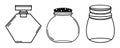 Set jars with lids. Isolated vector bottles on a white background. Empty glass vials. Hand drawn doodle, outline of a flask