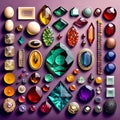 Collection of jewelry gems and precious stones on purple background. Top view